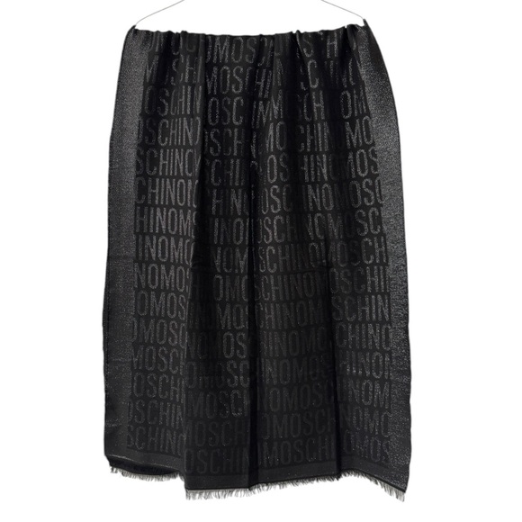 Moschino Wool Metallic‎ Blend Winter Scarf Black Silver All Over Logo Fringe - Picture 1 of 8